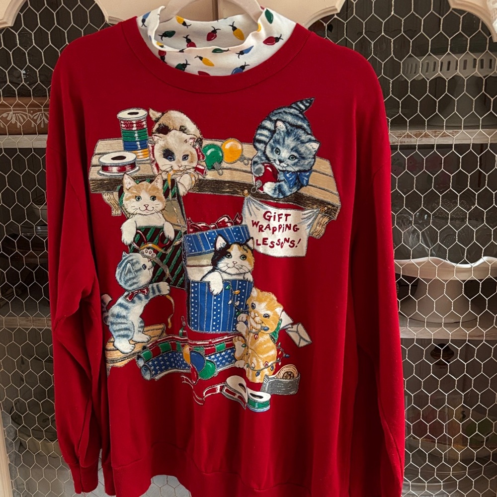 Vintage Red Cat Graphic Christmas Sweatshirt XL